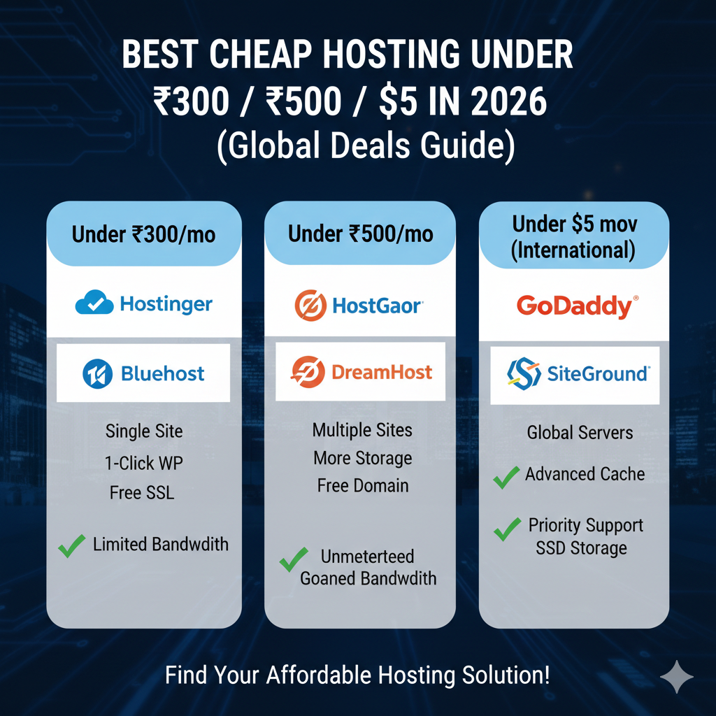 Best Cheap Hosting Under ₹300 / ₹500 / $5 in 2026 (Global Deals Guide)