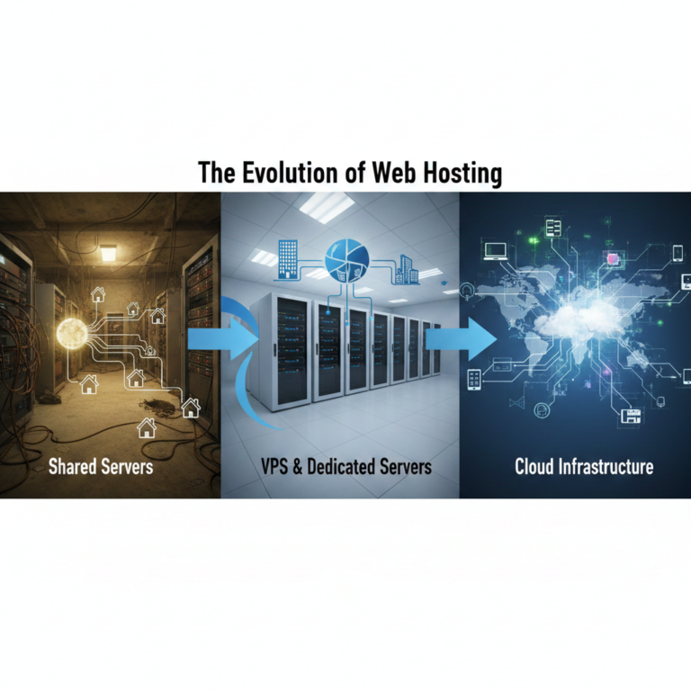 Discover how web hosting has evolved from basic shared servers to advanced cloud infrastructure. Learn the differences between shared, VPS, dedicated, and modern hosting solutions.