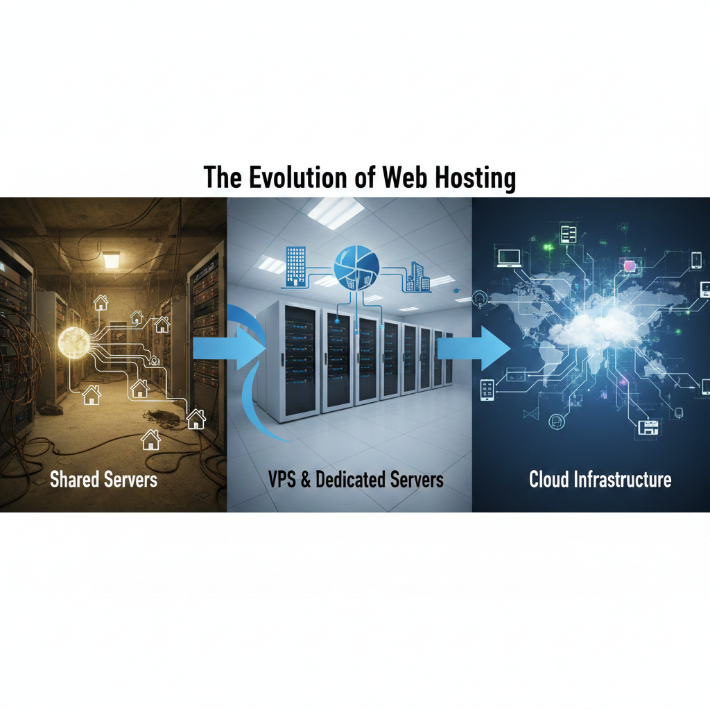 Discover how web hosting has evolved from basic shared servers to advanced cloud infrastructure. Learn the differences between shared, VPS, dedicated, and modern hosting solutions.